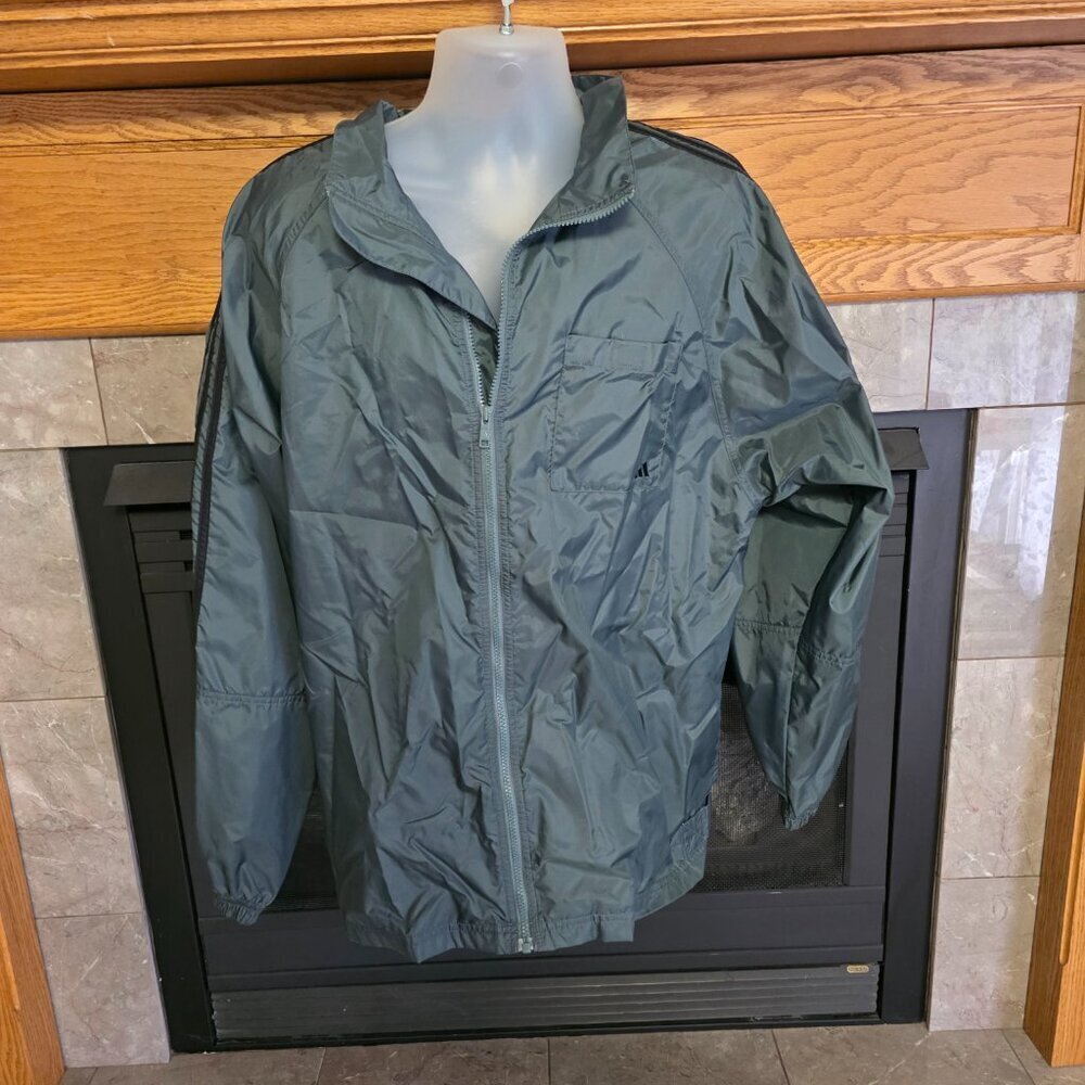 Vintage Adidas Branded 3-Stripes Zippered (LG) Windbreaker Jacket GRAY/GREEN